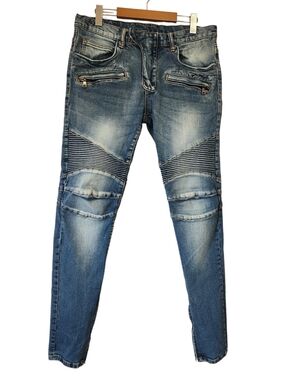 MNML M14 Stretch Denim Moto Biker Slim Jeans Ribbed Ankle Zip Blue 32/32 LikeNew